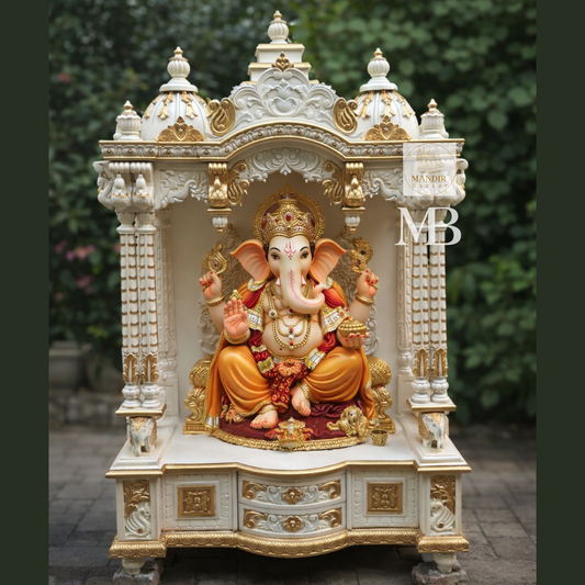 White and gold hand carved wooden mandir for home with Om design and storage cabinet