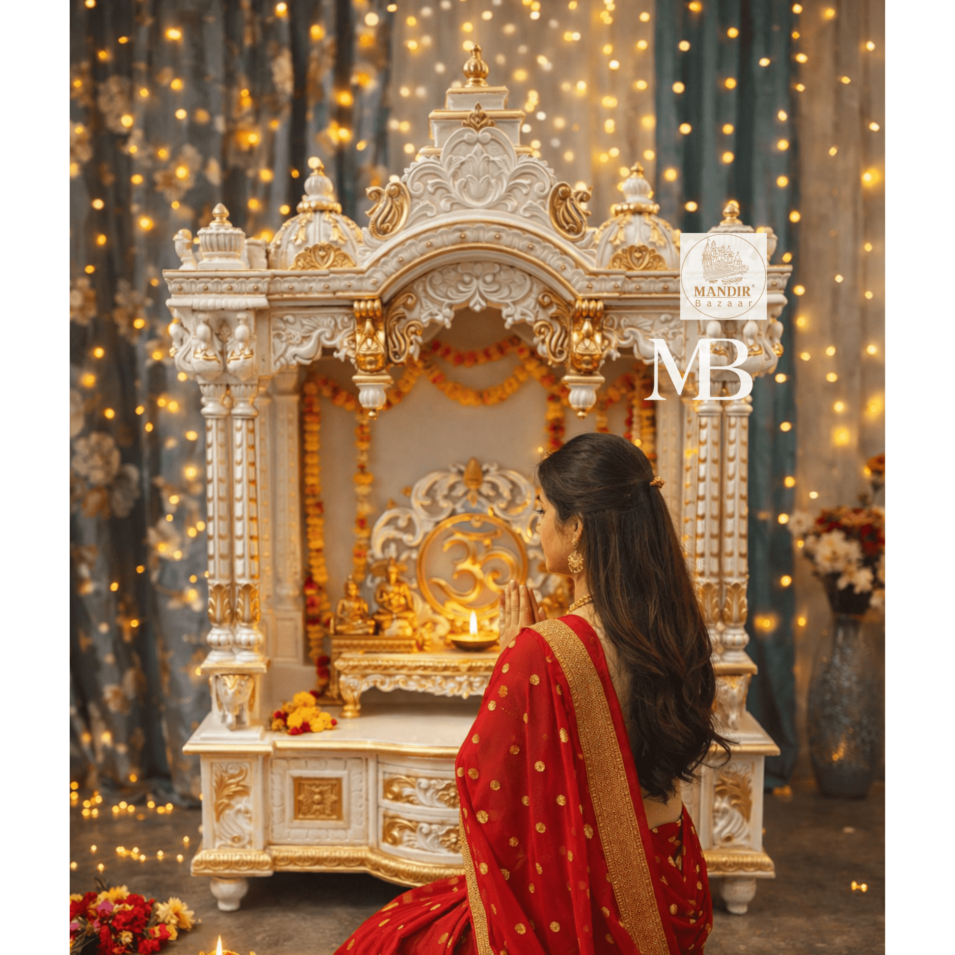 White and gold hand carved wooden mandir for home with Om design and storage cabinet