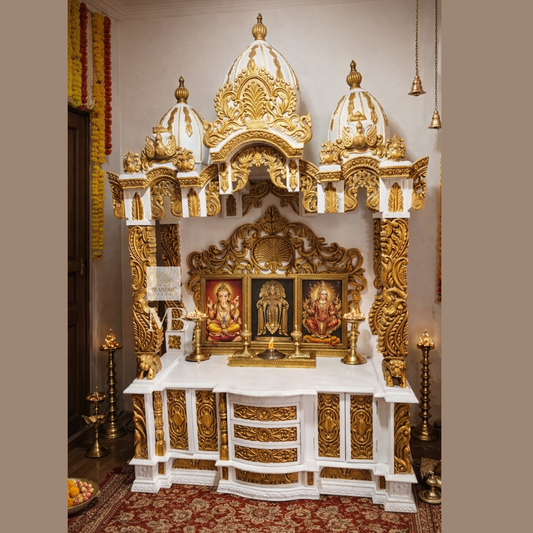 White and gold wooden mandir for home with intricate traditional carvings