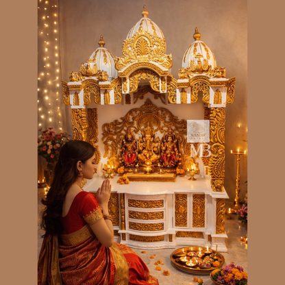 Luxury white and gold pooja mandir with ornate carved temple design