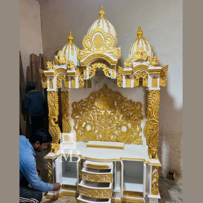 Traditional three shikhar wooden mandir with white and gold finish