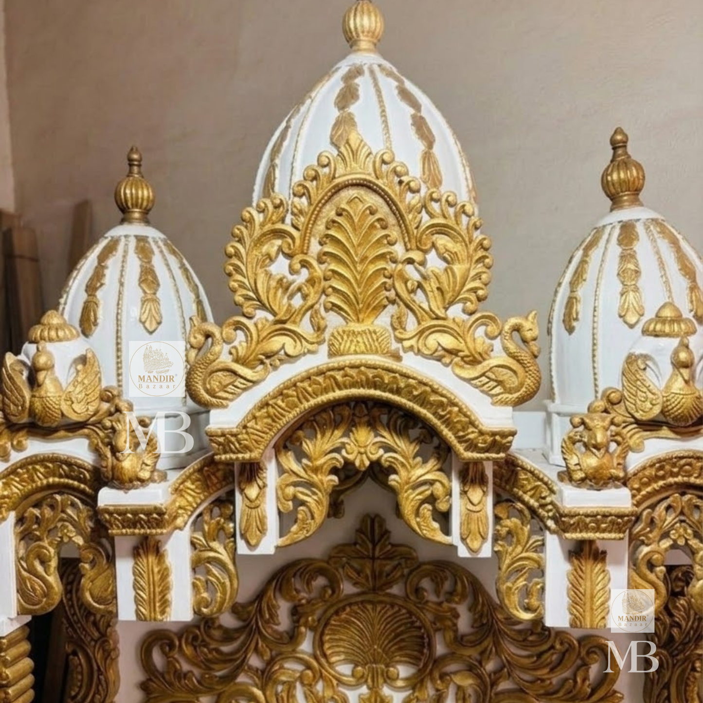 Luxury wooden home temple with spacious pooja area and storage cabinets