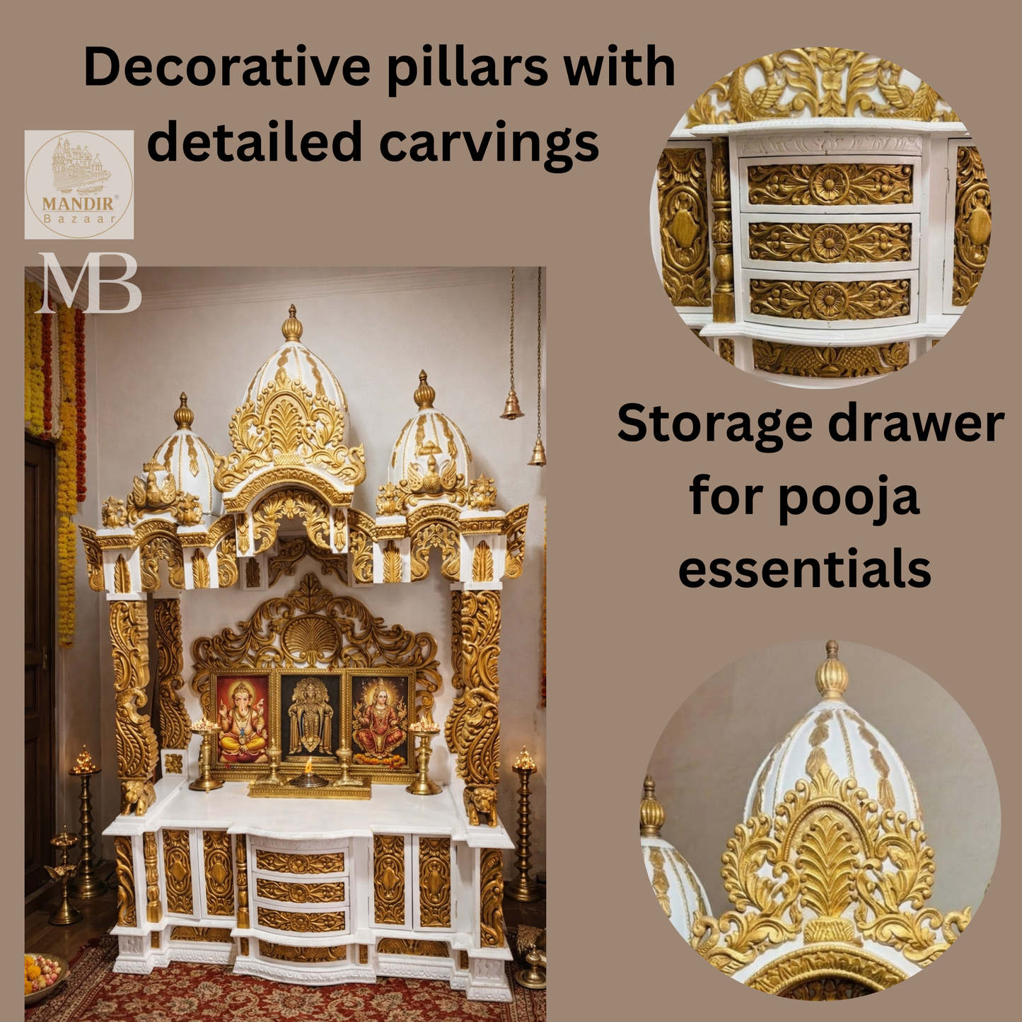 Wooden pooja mandir with multiple storage drawers and side cabinets