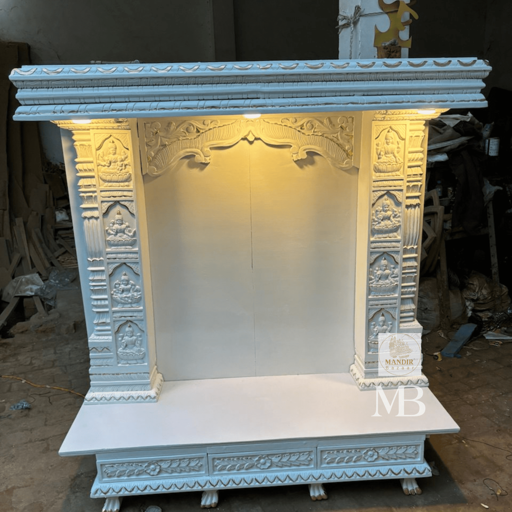 6 feet tall white Sheesham wood home temple with illuminated LED lights and Ashta Lakshmi carved pillars
