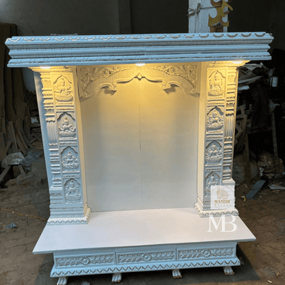 6 feet tall white Sheesham wood home temple with illuminated LED lights and Ashta Lakshmi carved pillars