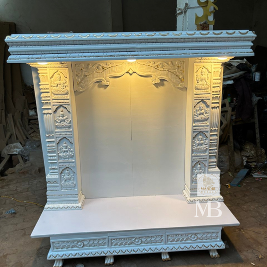 6 feet tall white Sheesham wood home temple with illuminated LED lights and Ashta Lakshmi carved pillars