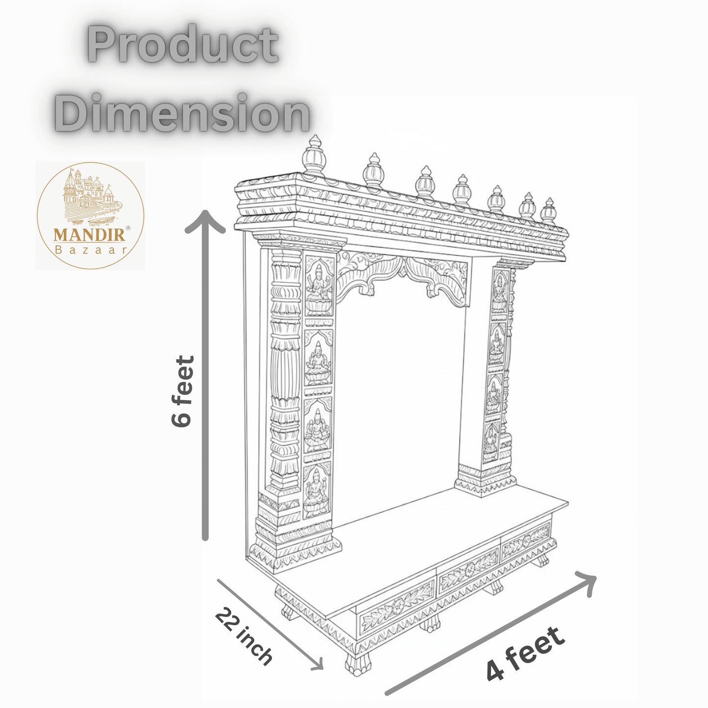 Dimension schematic for 6 feet high by 4 feet wide white Sheesham wood pooja mandir