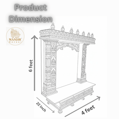 Dimension schematic for 6 feet high by 4 feet wide white Sheesham wood pooja mandir