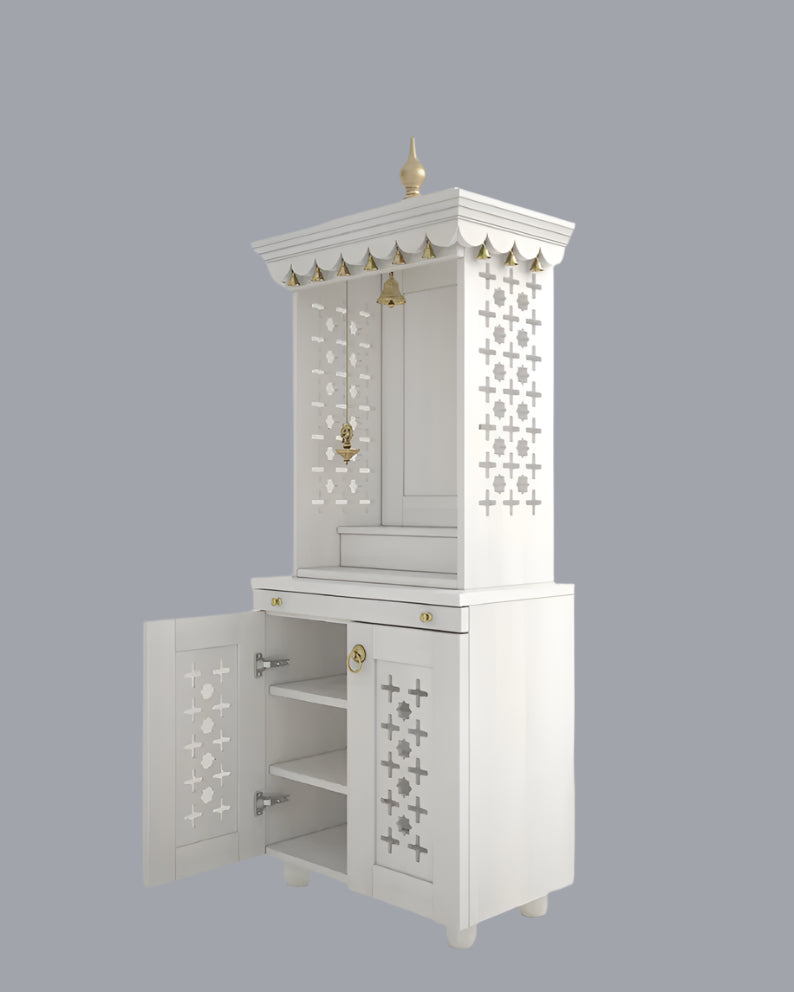 Handcrafted white wooden home temple with storage cabinet