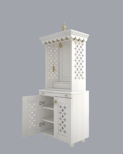 Handcrafted white wooden home temple with storage cabinet