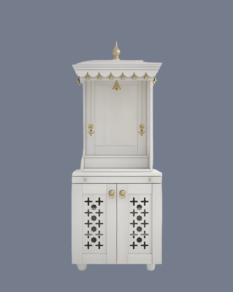 Traditional white wooden pooja mandir with brass hanging lamps