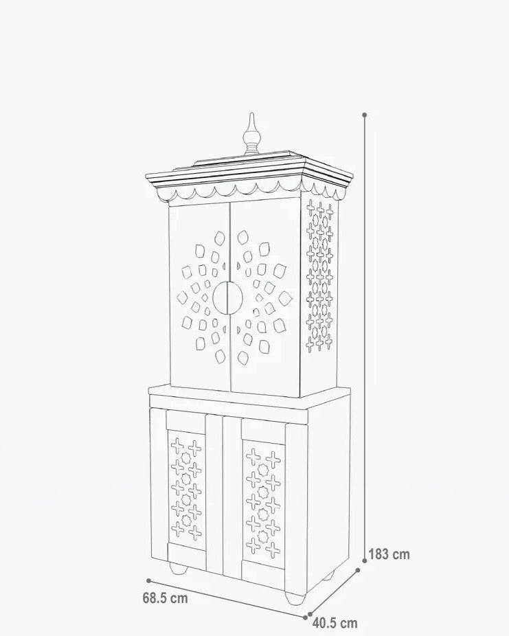 White wooden temple with lattice panels and stepped canopy