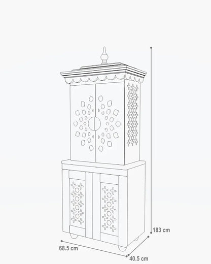 White wooden temple with lattice panels and stepped canopy