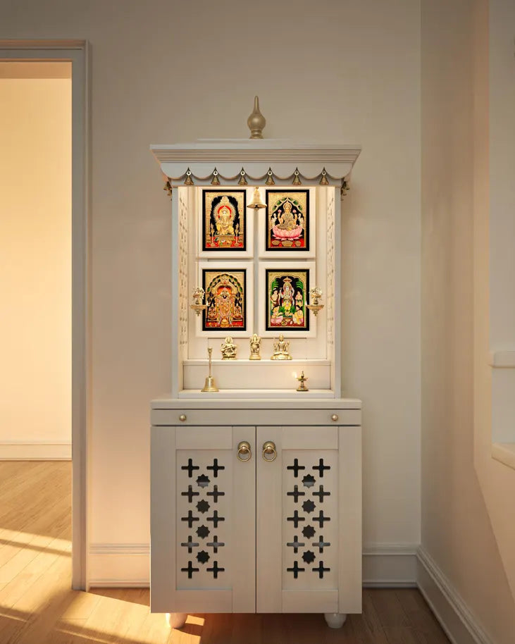 White free standing wooden puja mandapam with brass accents