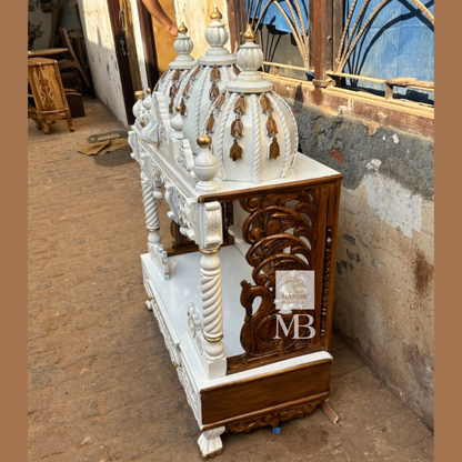 Hand carved Sheesham wood mandir for home with traditional crown, elephant pillars and three-step prayer platform