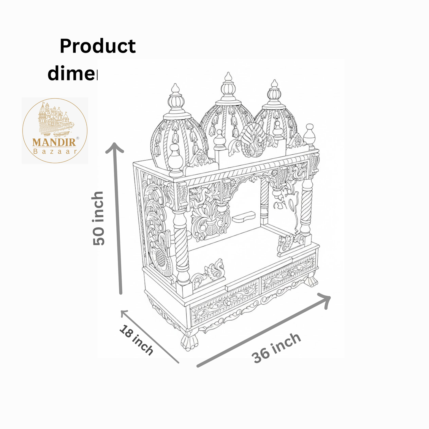 Product dimensions chart showing 50 inch height 36 inch width 18 inch depth for white wooden mandir