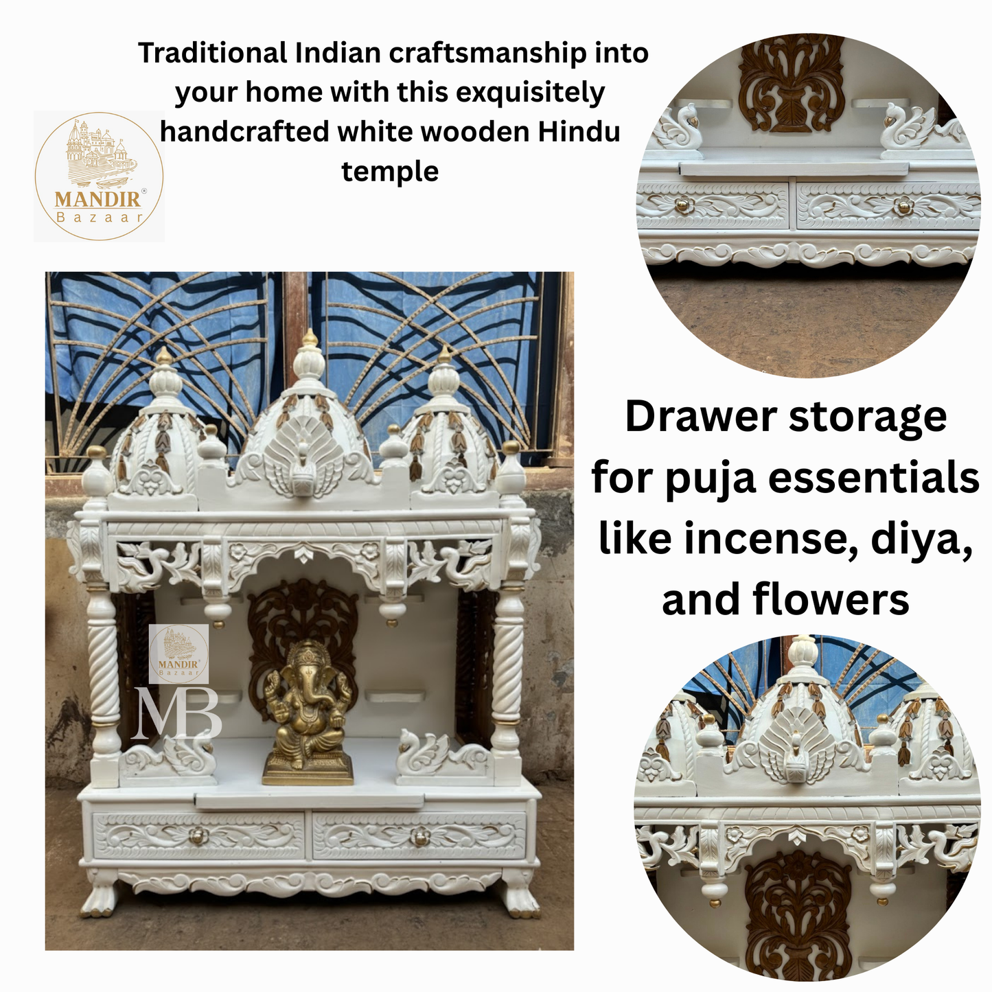 Hand carved golden tree back panel with idol step shelves inside white wooden home mandir