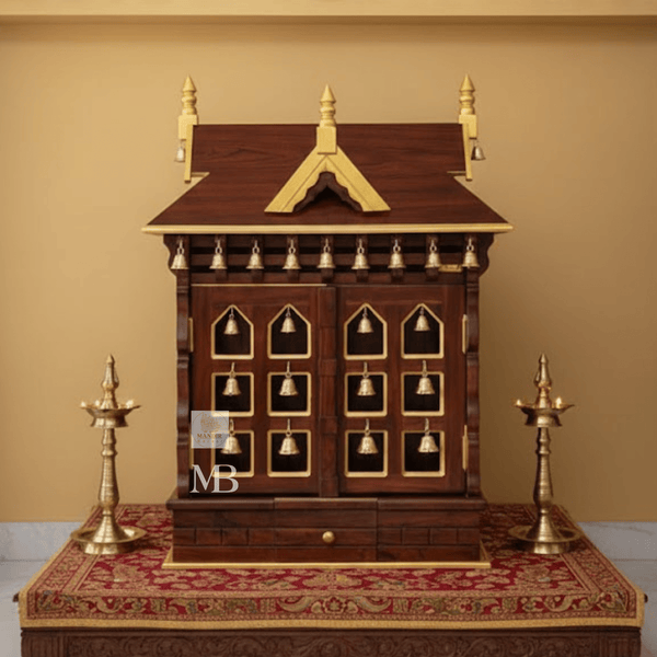 Front view of 3 feet tall Sheesham wood home temple with slanted gable roof and brass bell doors