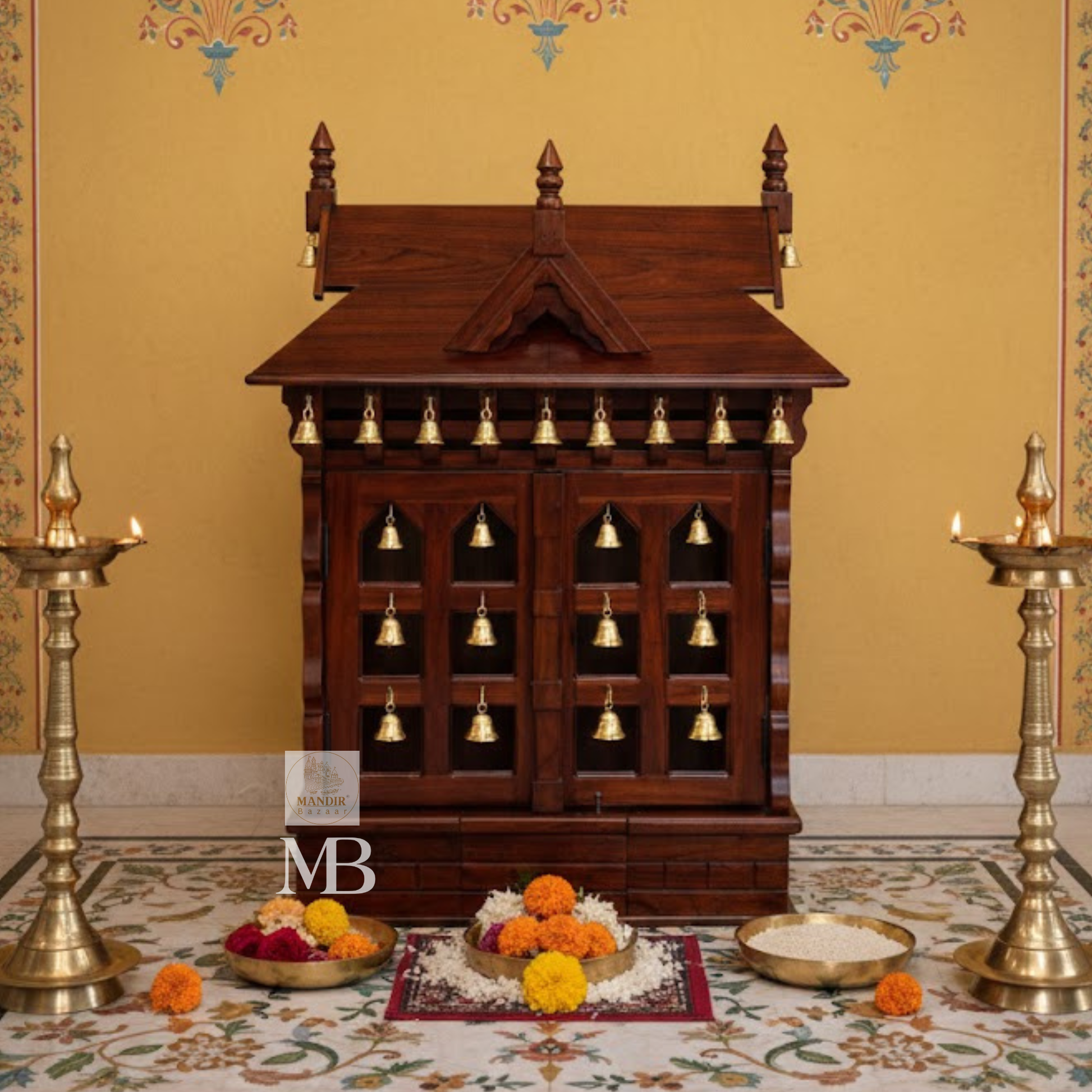 Front view of 3 feet tall Sheesham wood home temple with slanted gable roof and brass bell doors