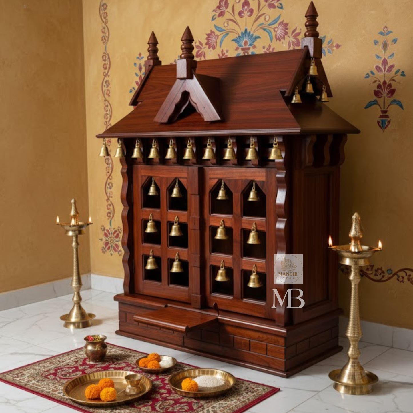 Sheesham wood bell mandir with extended sliding bhog tray and brass hanging ghanti details