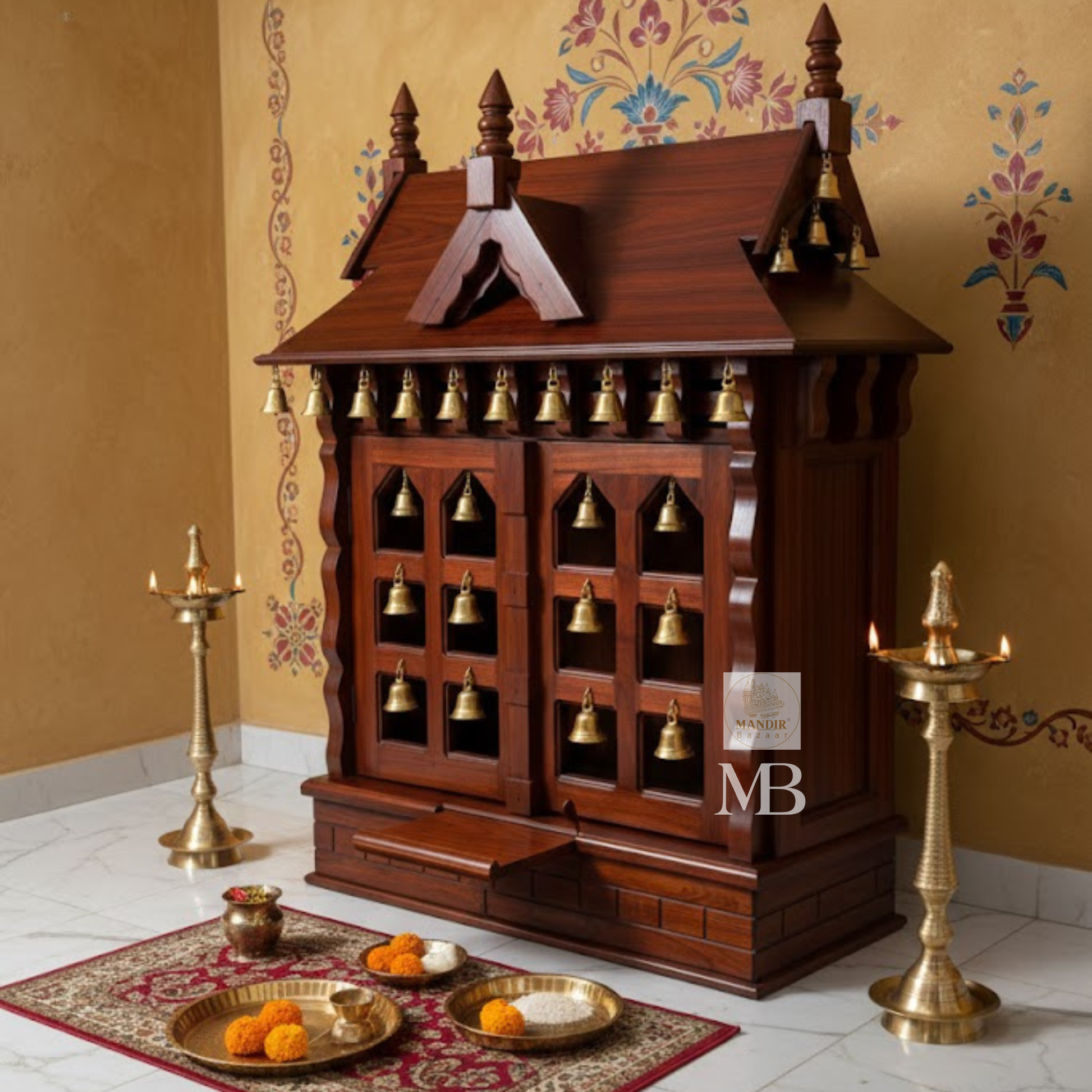 Sheesham wood bell mandir with extended sliding bhog tray and brass hanging ghanti details