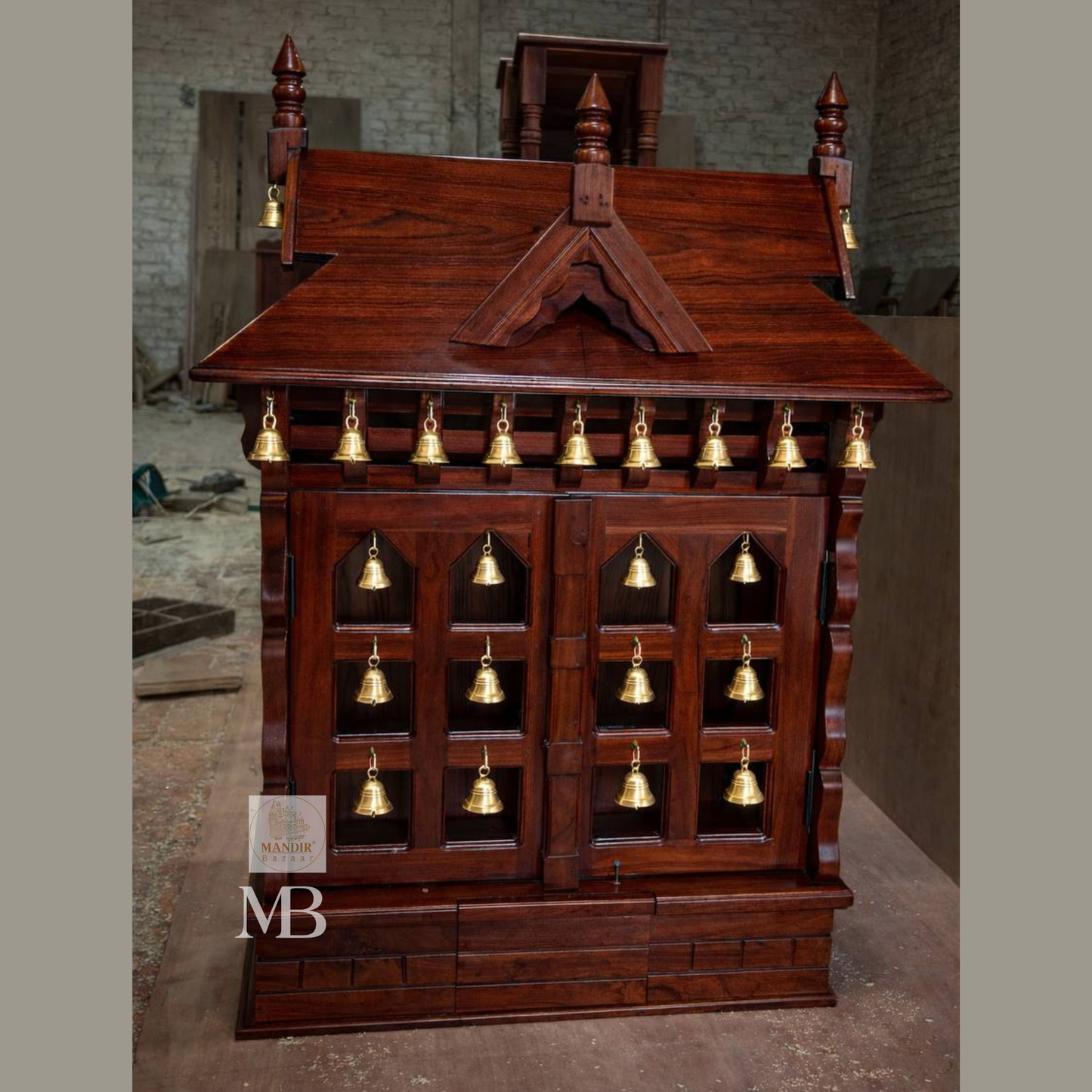 Sheesham wood bell mandir with extended sliding bhog tray and brass hanging ghanti details