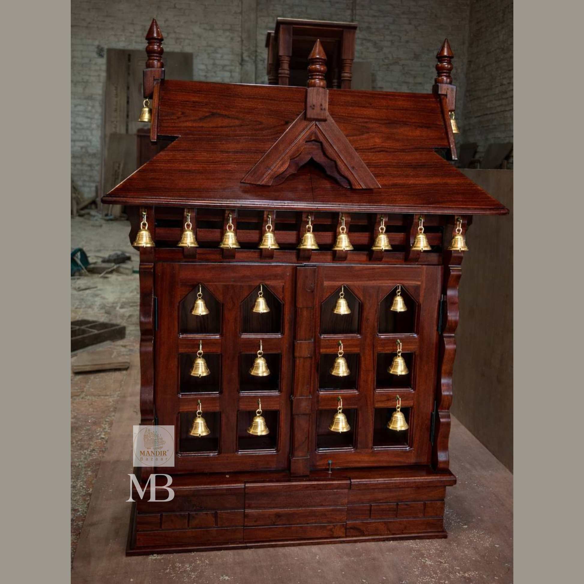 Sheesham wood bell mandir with extended sliding bhog tray and brass hanging ghanti details