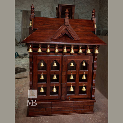 Sheesham wood bell mandir with extended sliding bhog tray and brass hanging ghanti details