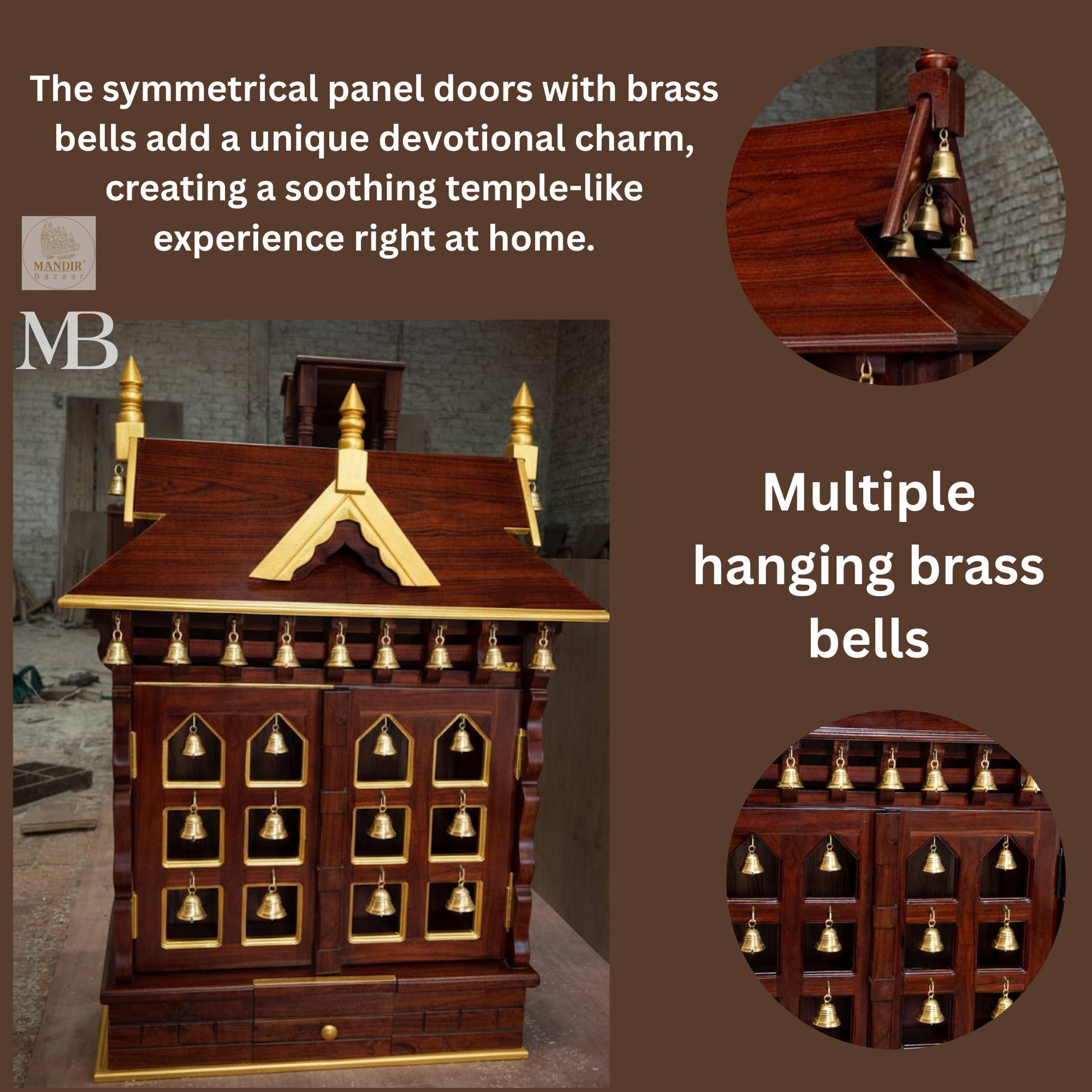 Sheesham wood bell mandir with extended sliding bhog tray and brass hanging ghanti details