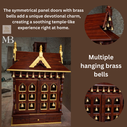 Sheesham wood bell mandir with extended sliding bhog tray and brass hanging ghanti details