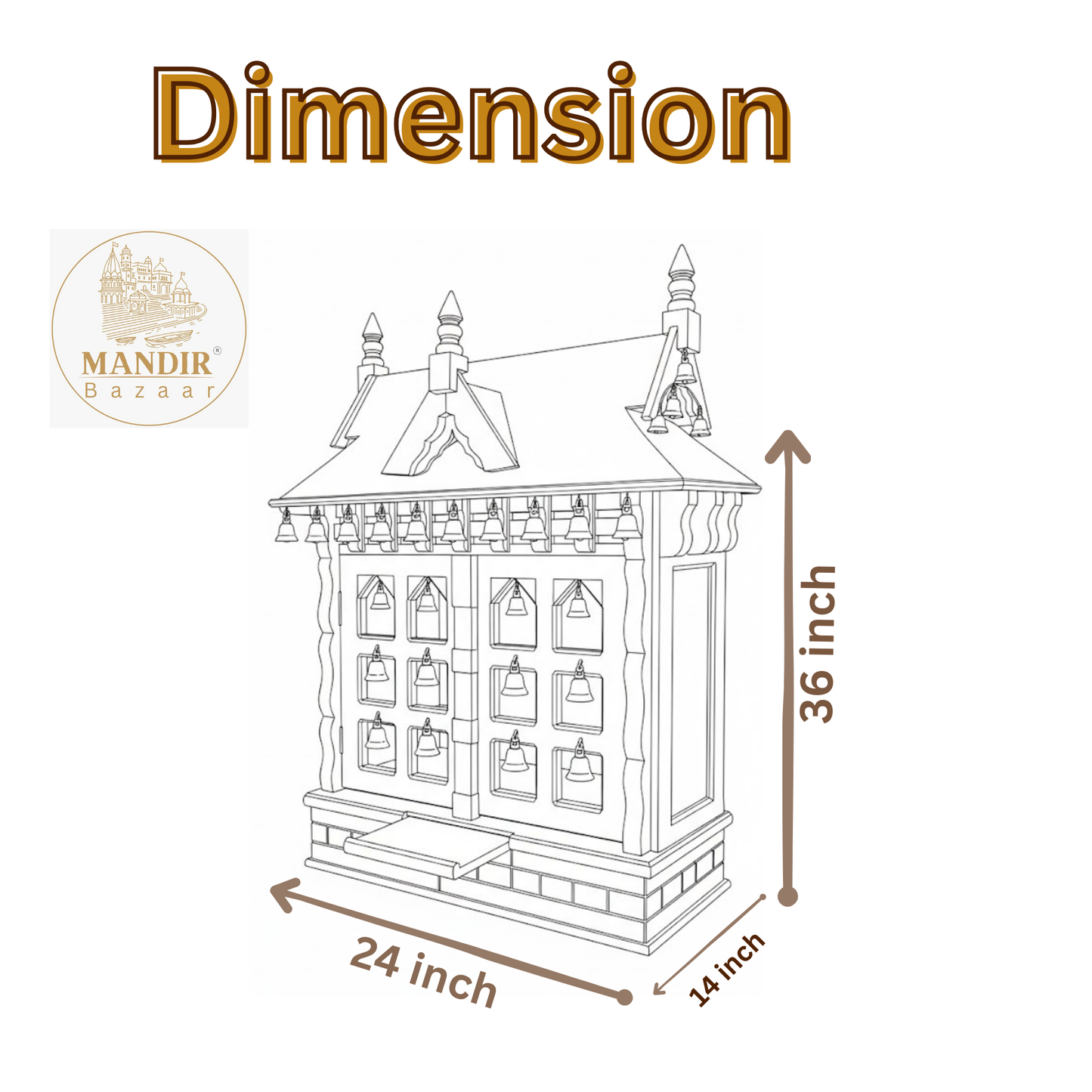 Technical dimension sketch showing 36 inch height, 24 inch width, and 14 inch depth for Sheesham wood bell mandir