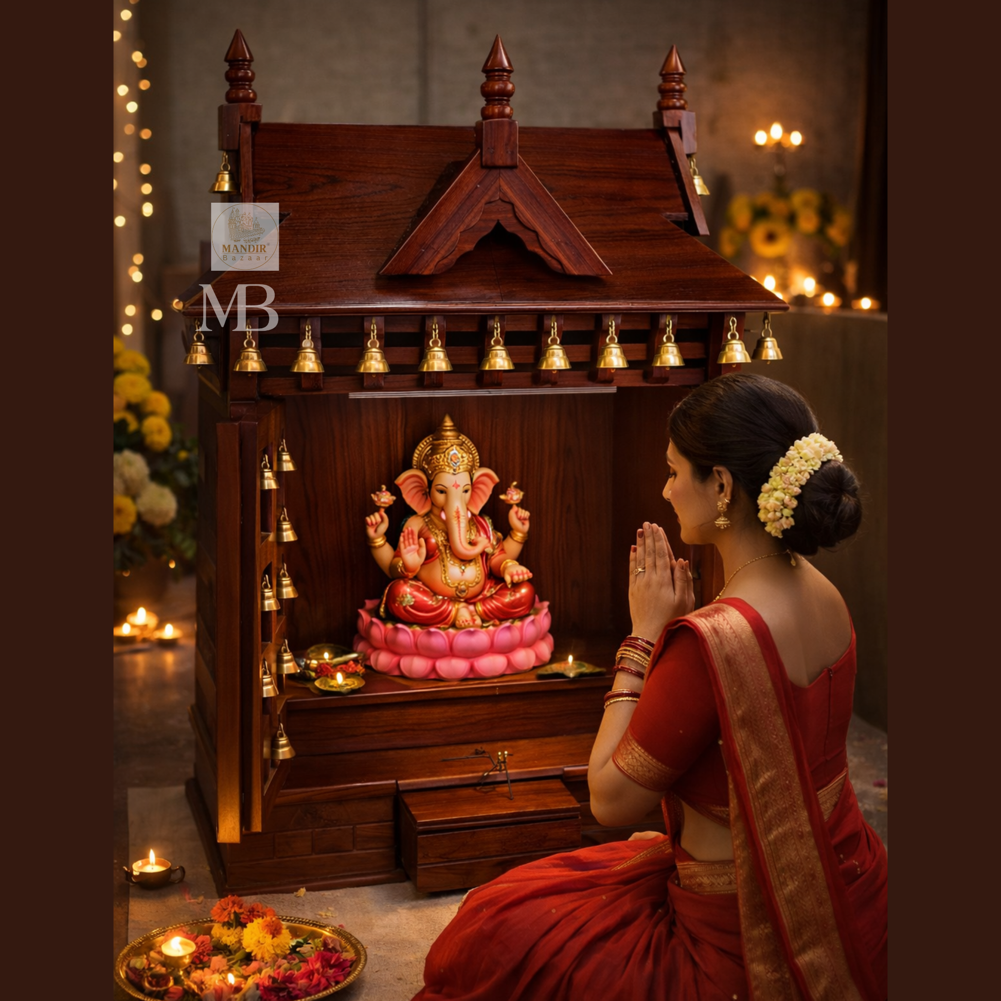 Sheesham wood bell mandir with extended sliding bhog tray and brass hanging ghanti details