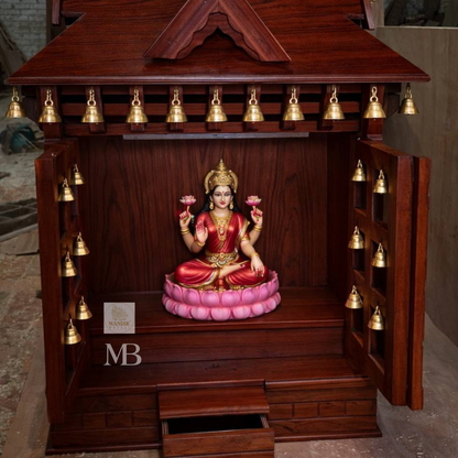 Sheesham wood bell mandir with extended sliding bhog tray and brass hanging ghanti details
