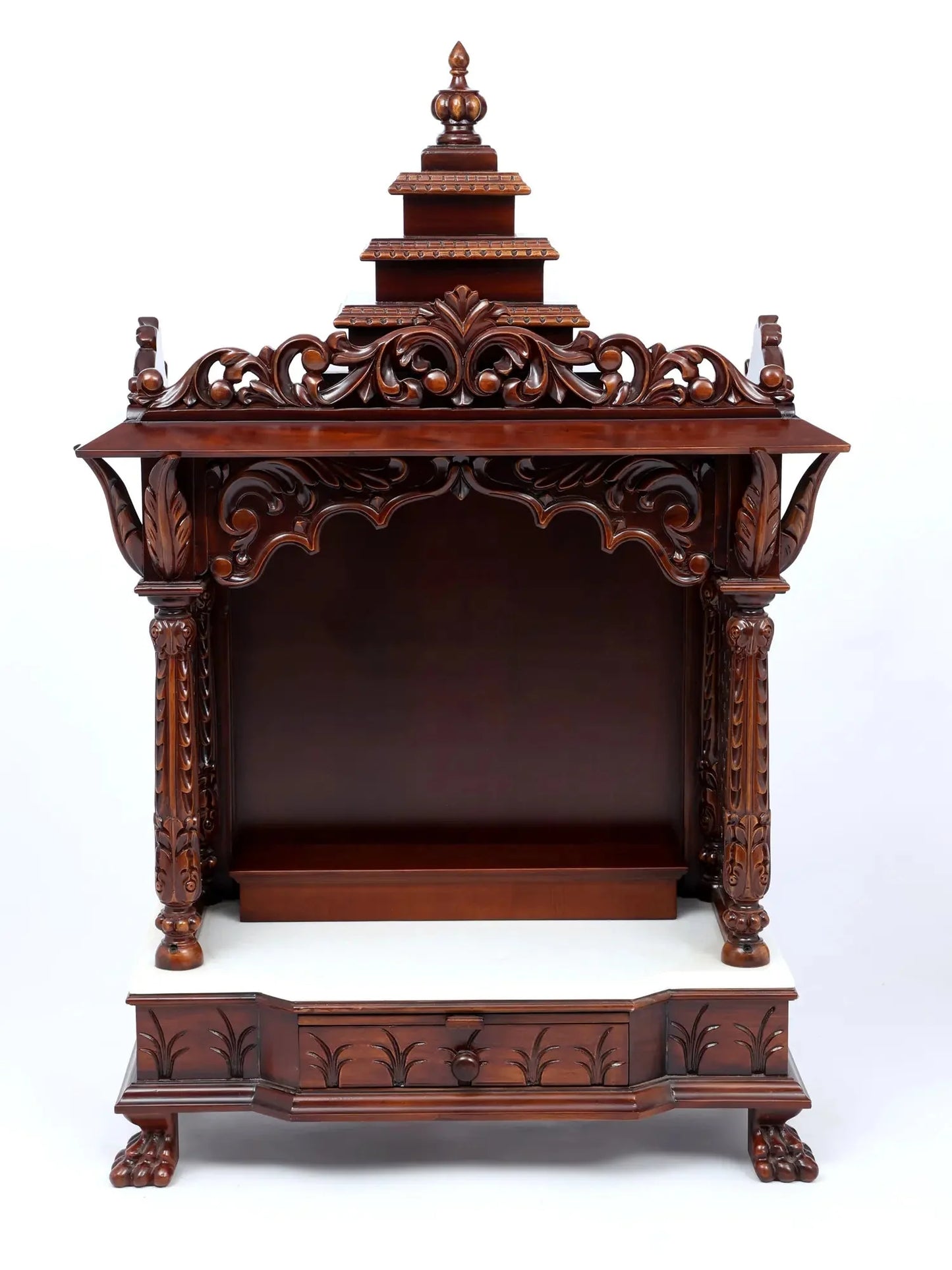 wood carved wooden temple for home with marble detailing