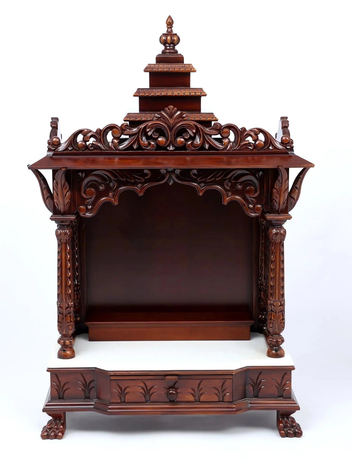 wood carved wooden temple for home with marble detailing