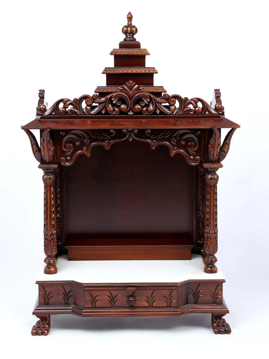 wood carved wooden temple for home with marble detailing