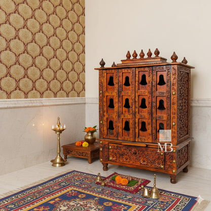 Traditional wooden bell mandir for home with intricate hand carved details
