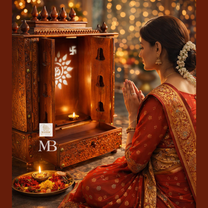 Carved wooden home temple with detailed floral craftsmanship