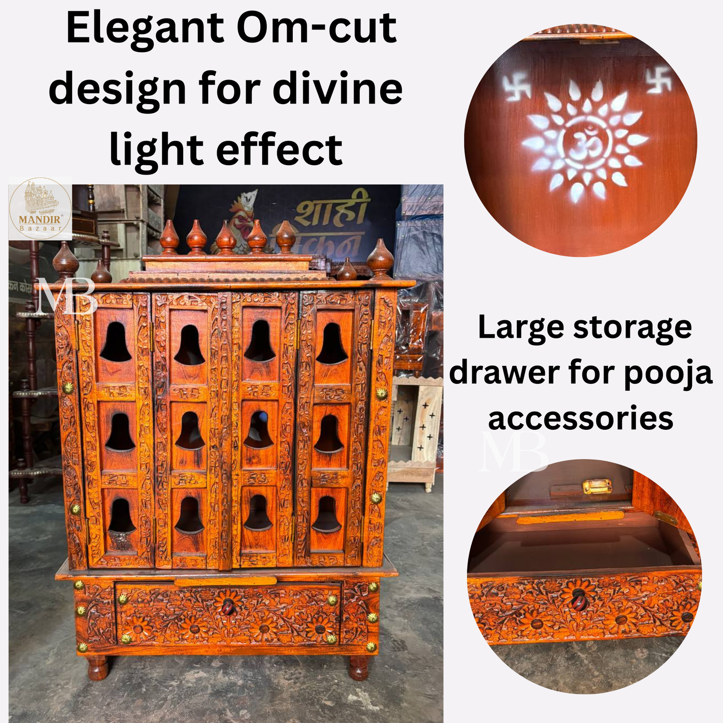 Brown wooden mandir for home with traditional Indian temple design