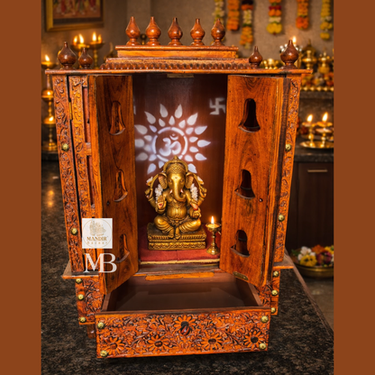 Handcrafted wooden pooja temple with decorative brass bells