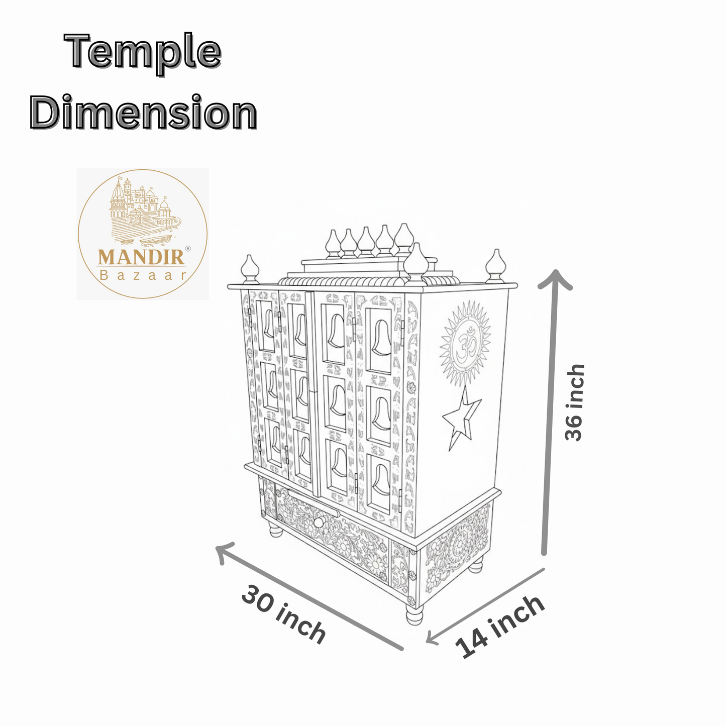 Wooden Hindu temple with brass bells and traditional carved design