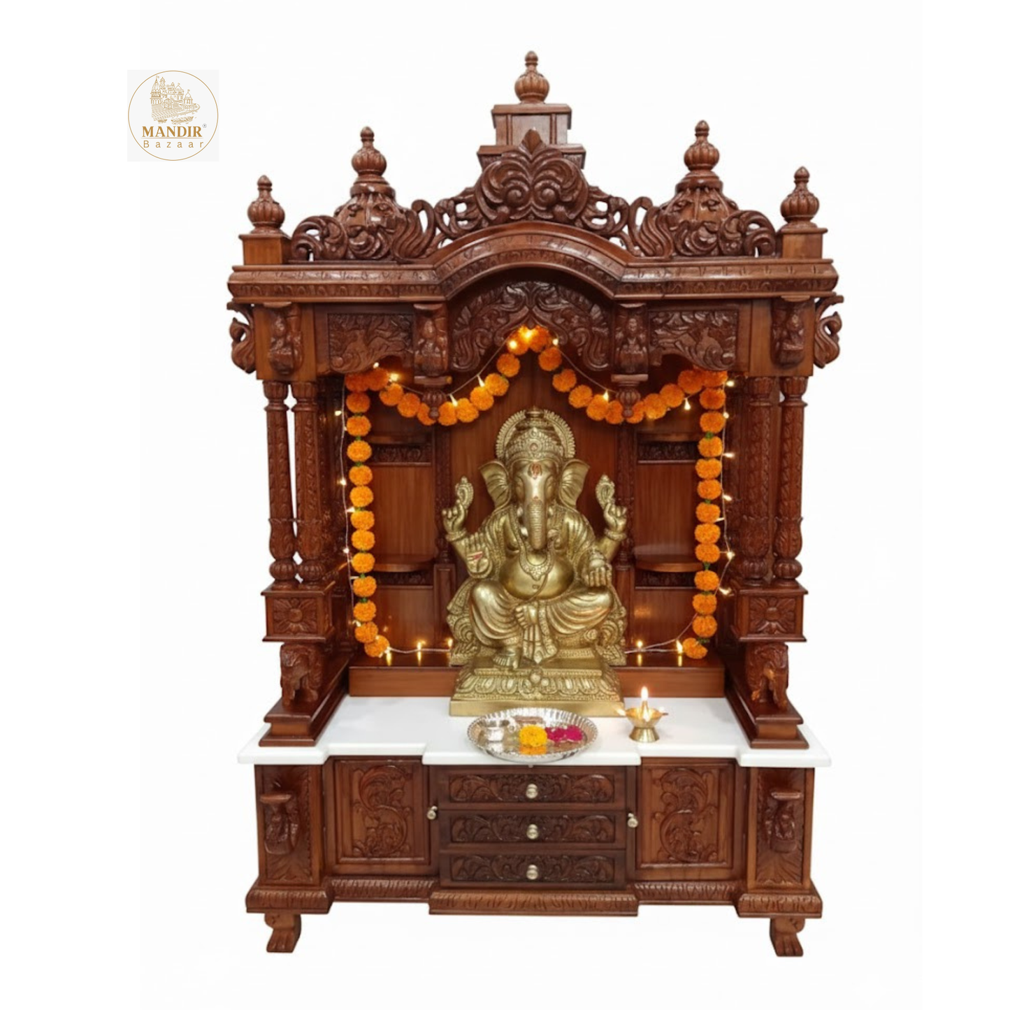 Alt: Hand carved wooden mandir for home with traditional Indian temple design