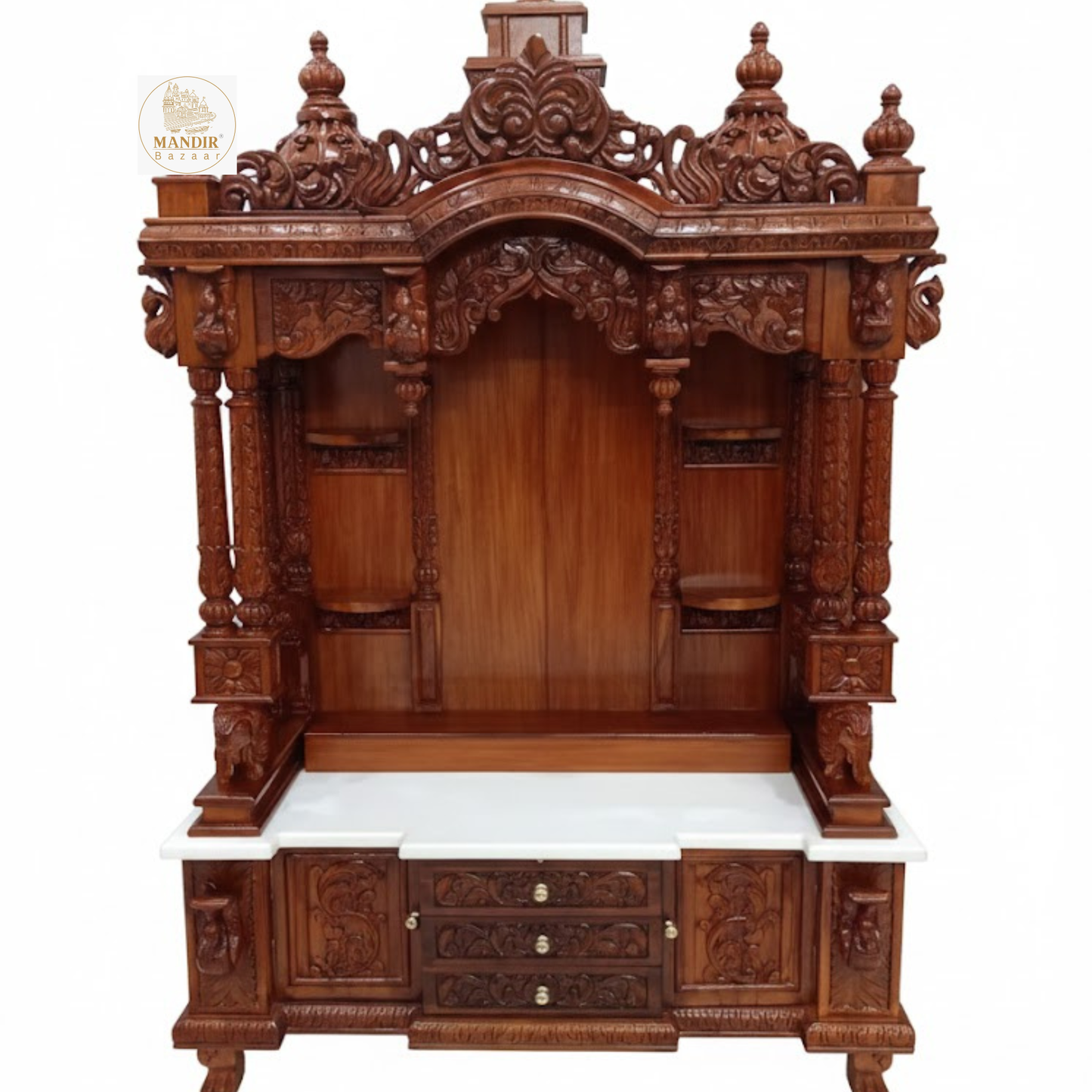 Wooden Ganesha pooja mandir with intricate traditional carvings