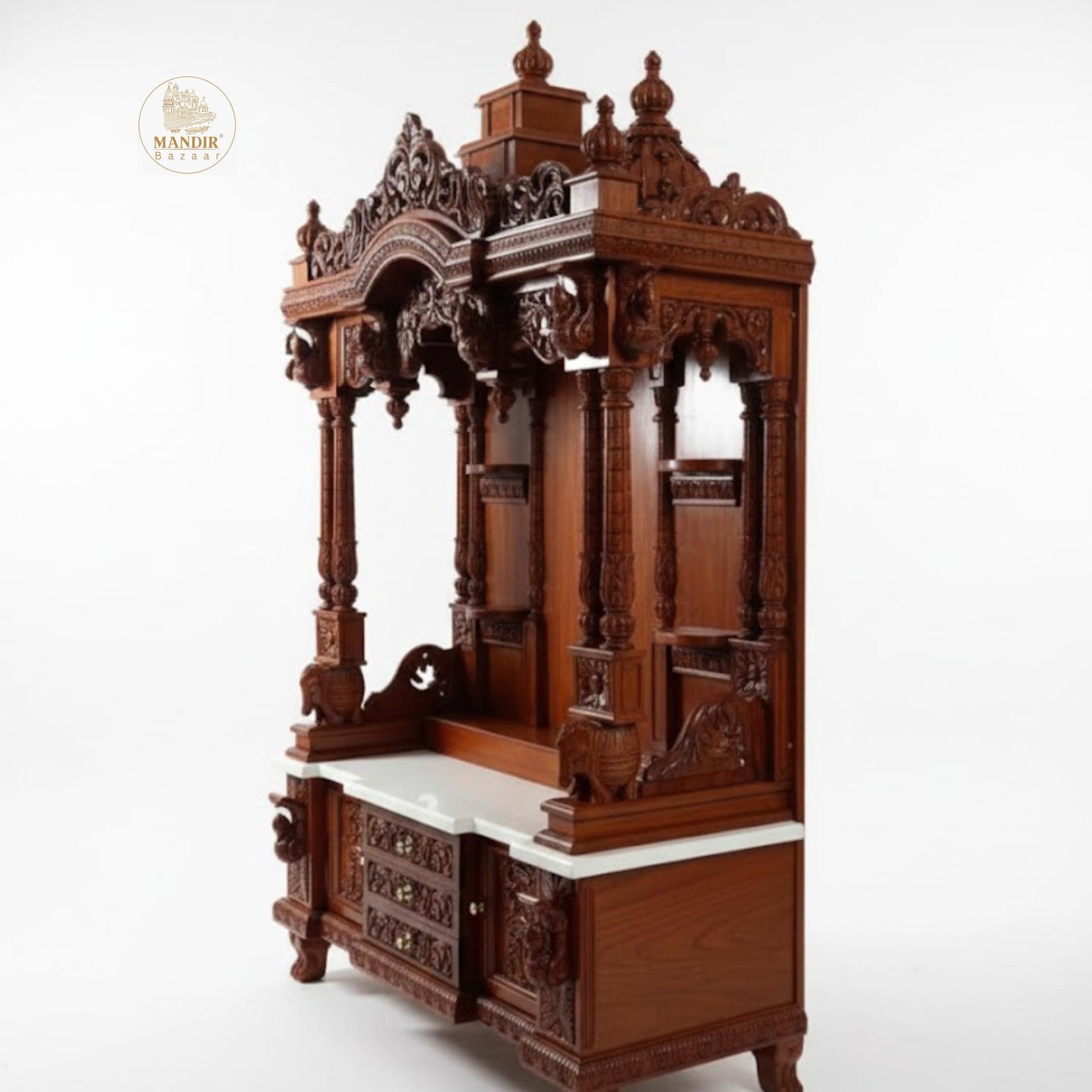 Traditional brown wooden temple with ornate carved crown and pillars
