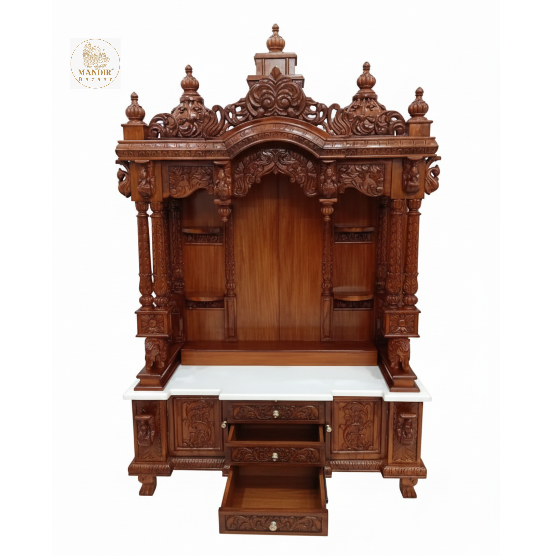 Wooden mandir with three carved storage drawers for pooja essentials