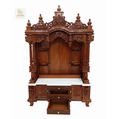 Wooden mandir with three carved storage drawers for pooja essentials