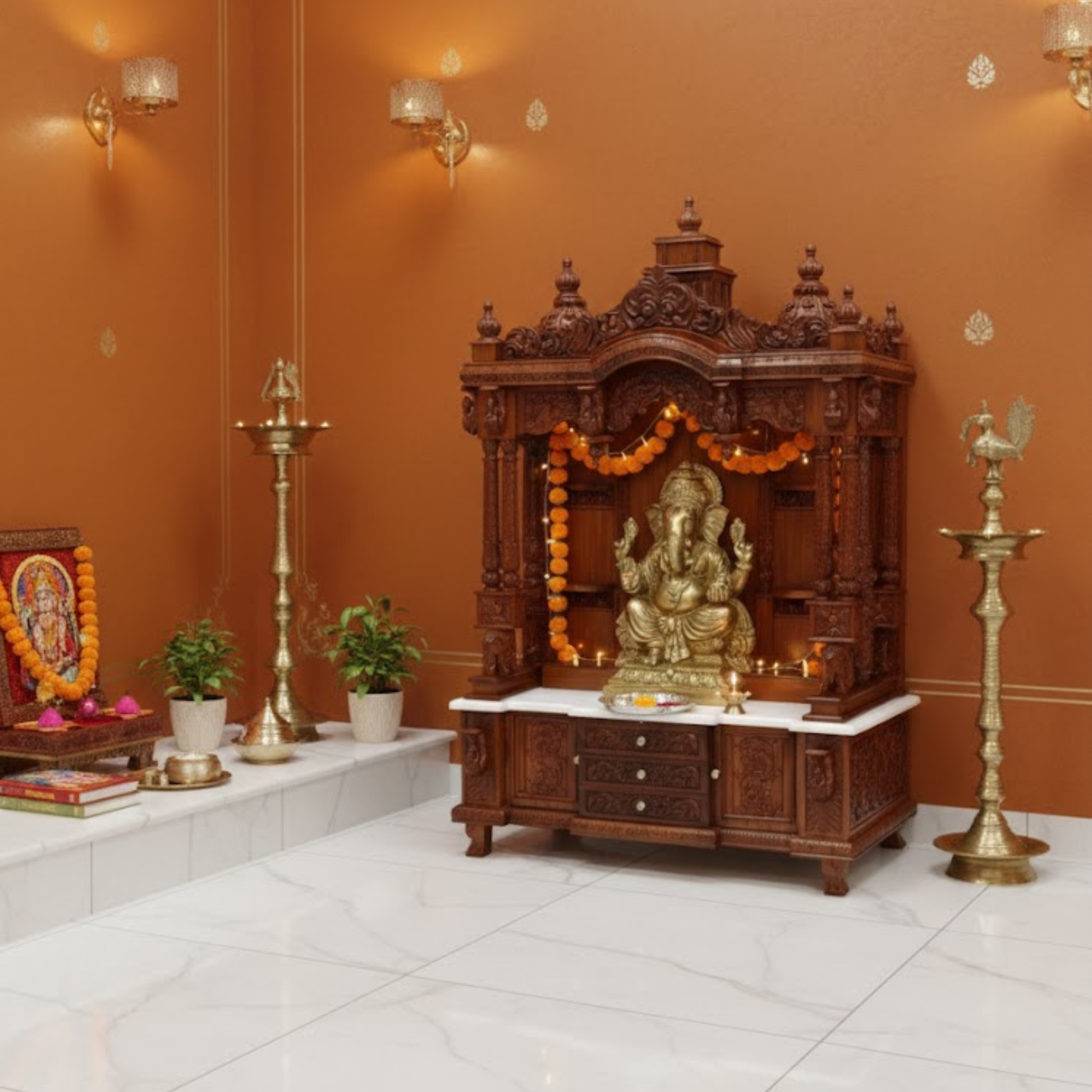 Handcrafted wooden mandir with detailed carved pillars and decorative arches