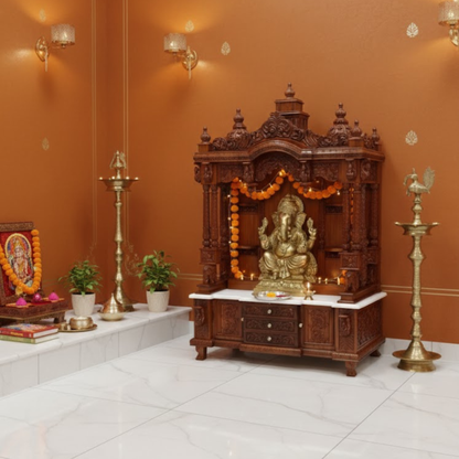 Handcrafted wooden mandir with detailed carved pillars and decorative arches