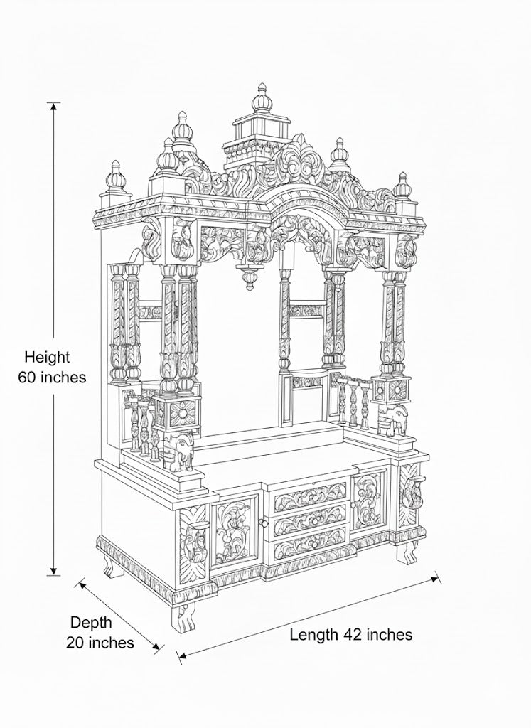 Wooden pooja temple with side shelves and spacious prayer area