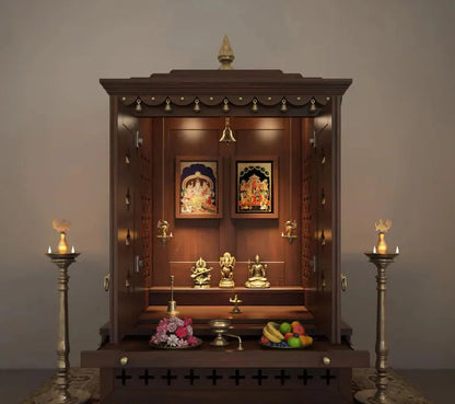 Walnut finish wooden puja temple with traditional stepped canopy